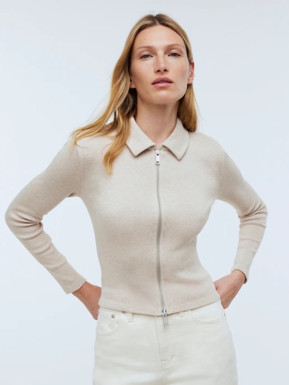 Madewell Zip-Up Collared Knit Sweater size Medium in Natural.